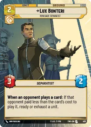 Lux Bonteri - Renegade Separatist (TWI) Uncommon Star Wars Unlimited Fantasy Flight Games Hyperspace Non-Foil