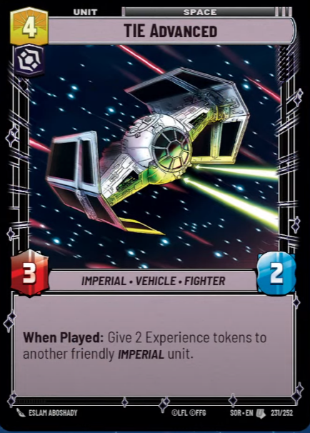 TIE Advanced (SOR) Uncommon Star Wars Unlimited Fantasy Flight Games Standard Non-Foil
