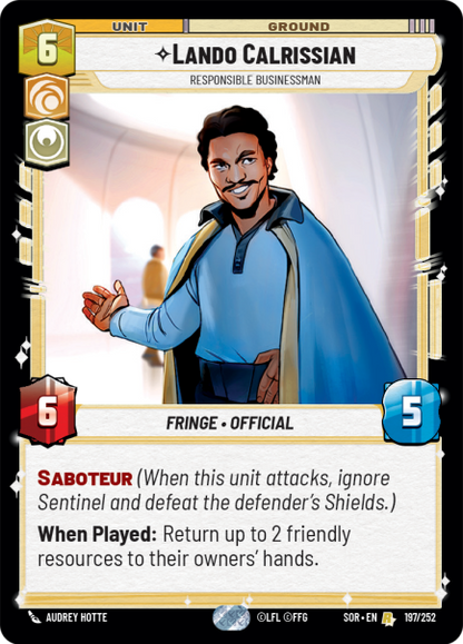 Lando Calrissian - Responsible Businessman (SOR) Rare Star Wars Unlimited Fantasy Flight Games Standard Non-Foil 