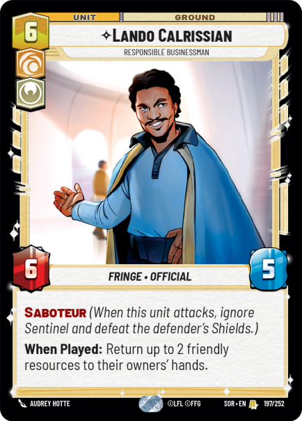 Lando Calrissian - Responsible Businessman (SOR) Rare Star Wars Unlimited Fantasy Flight Games Standard Non-Foil 